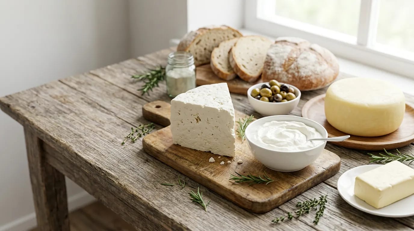 Ahşap masada beyaz peynir, yoğurt, kaşar, zeytin ve ekmek